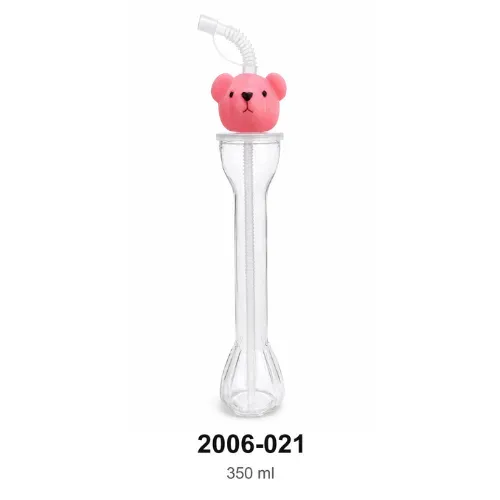 Slush Bottle with Pink Bear Lid and Straw 350 ml